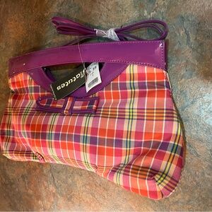 Statutes plaid purple and pink clutch purse with shoulder strap